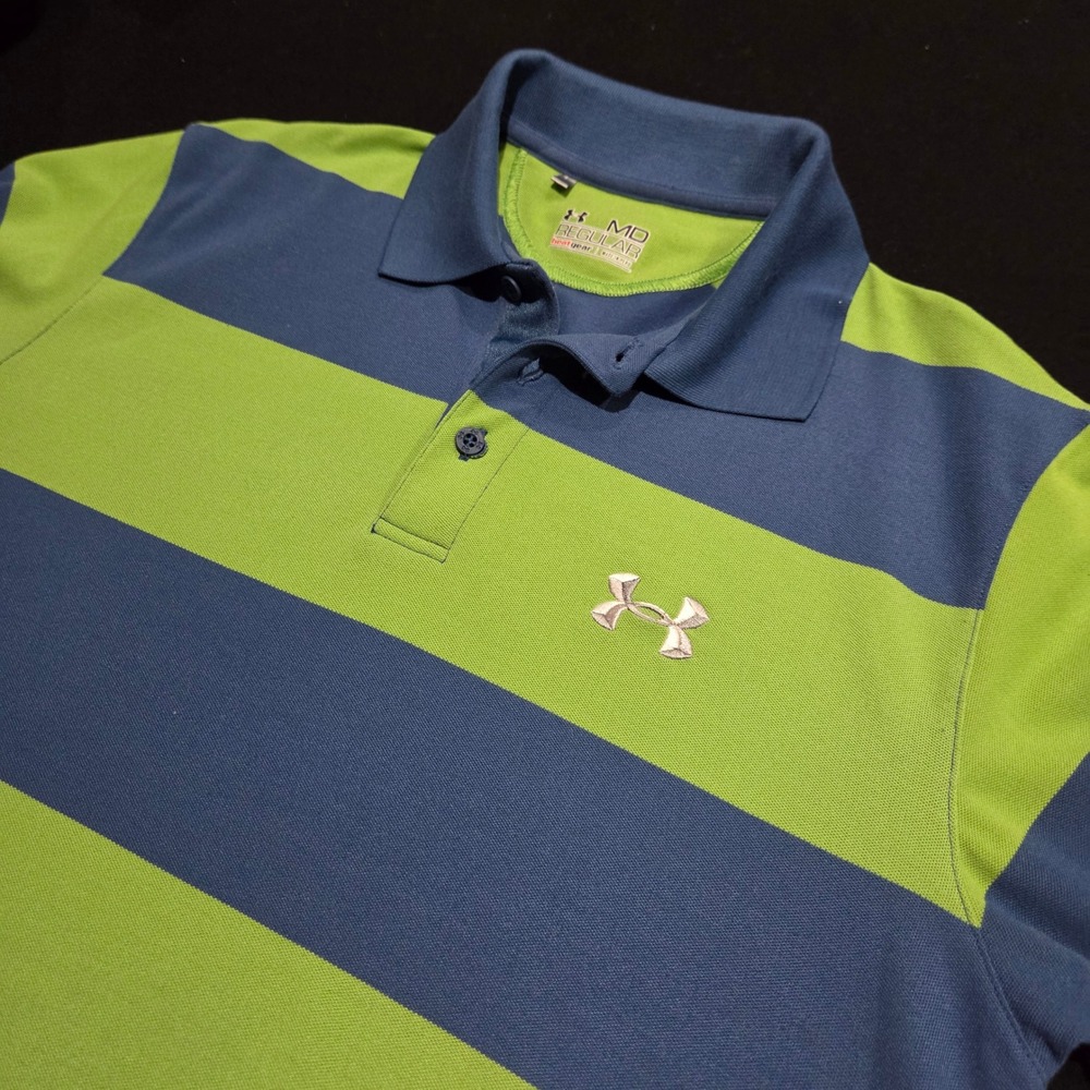 Under Armour Mens HeatGear Striped Polo Shirt Green Blue MD Regular Short Sleeve